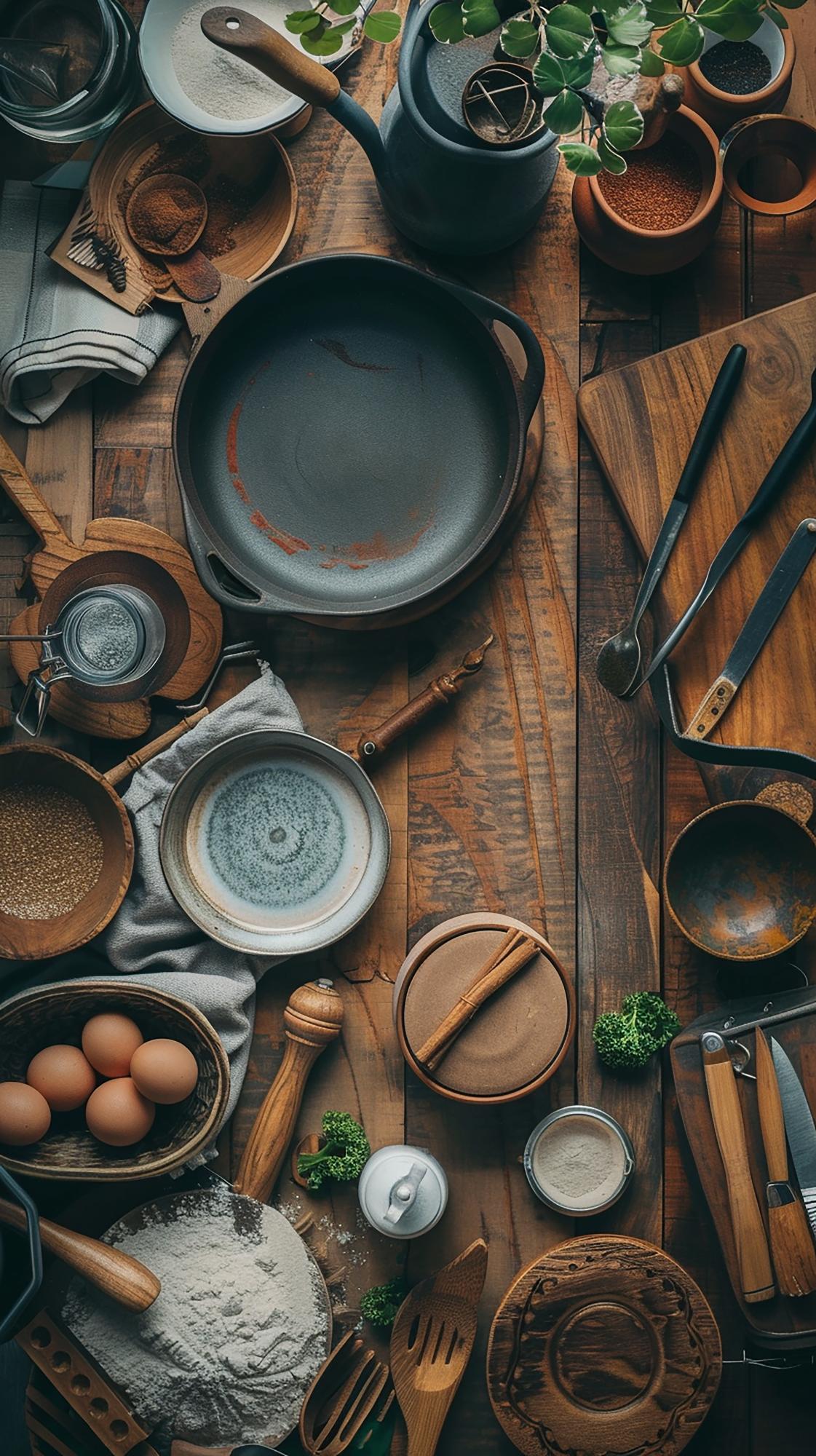 Tavolo con strumenti da cucina professionali